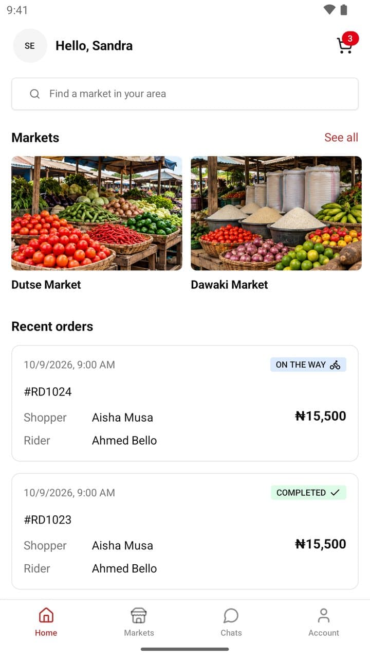 The Redia app home screen showing nearby markets and recent orders