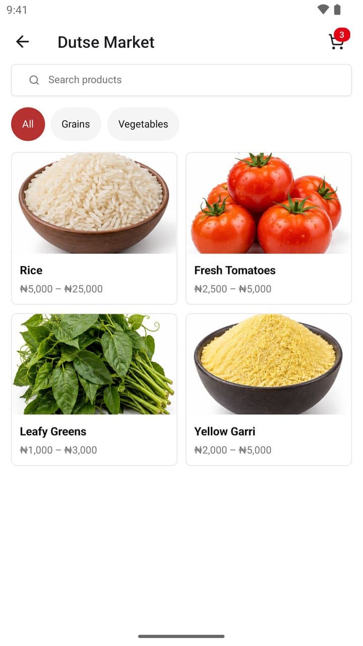 A market's product catalogue with rice, tomatoes, leafy greens and garri and their price ranges