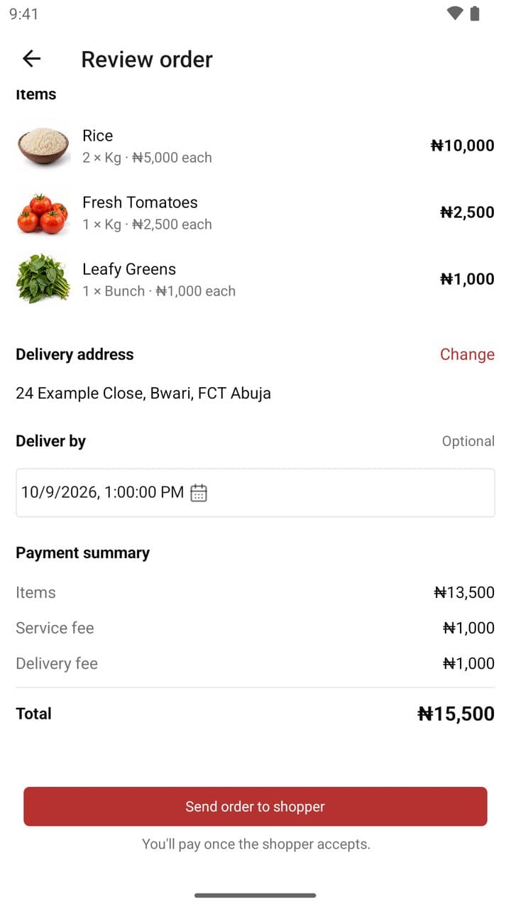 An order review showing item costs, delivery address, service fee, delivery fee and total
