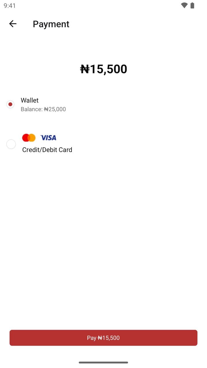 The payment screen offering the Redia wallet or a card, with the amount to pay