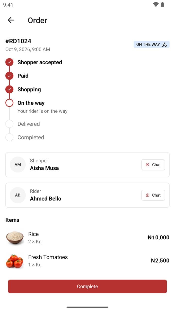 An order's progress tracker with the shopper and dispatch rider to chat with, and the items