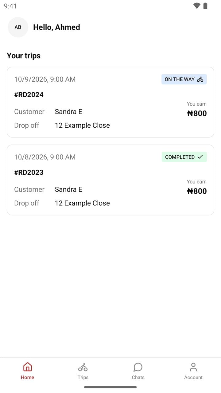 The Redia Dispatcher home screen showing an active trip and a completed one, with earnings for each