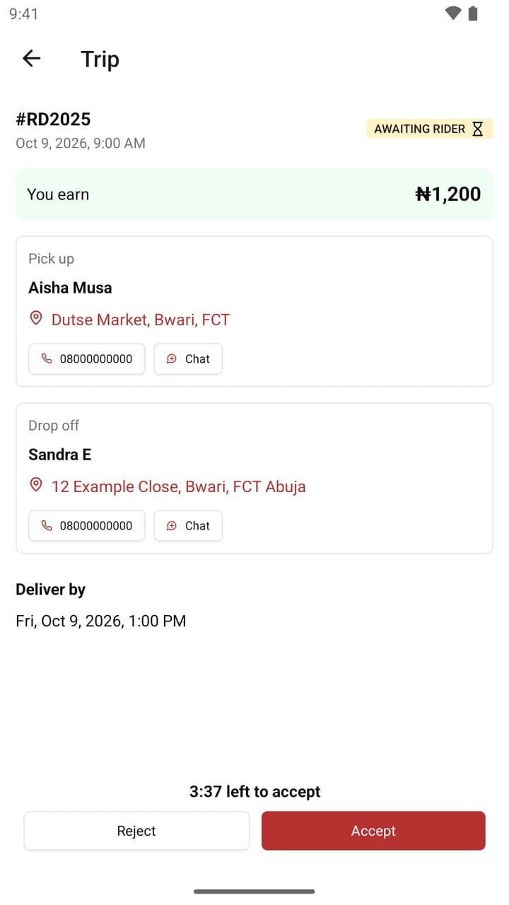 A trip request showing what the rider earns, pick-up and drop-off, and the time left to accept