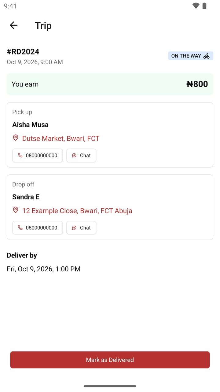 Trip details with the pick-up market, delivery address and delivery time
