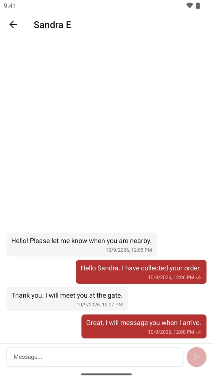 An in-app conversation arranging the delivery handover