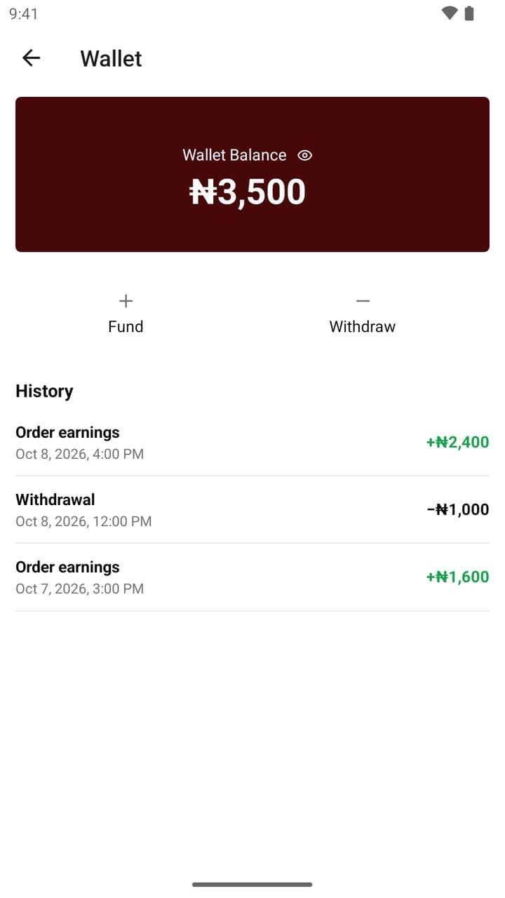 The wallet showing the balance, withdrawals and earnings history