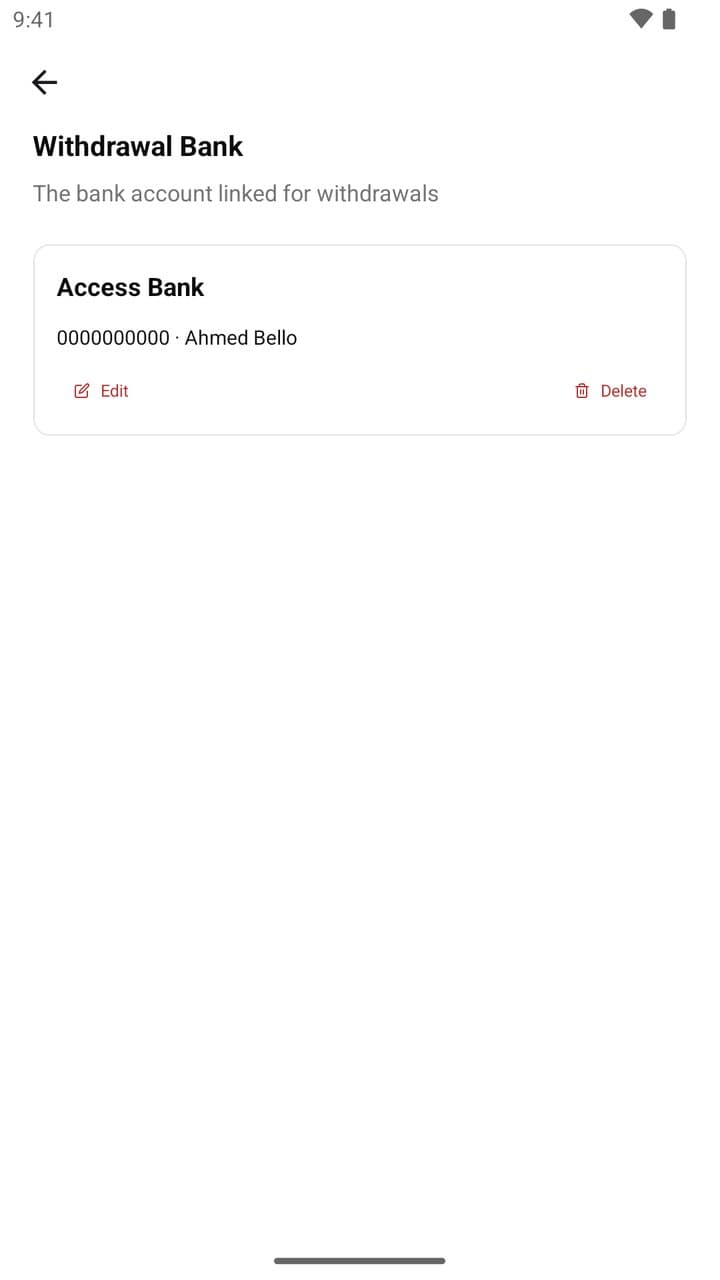 The bank account and account name linked for withdrawals