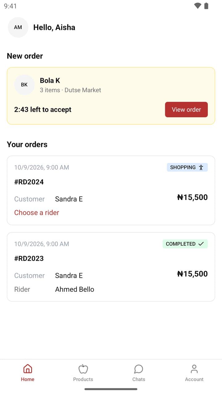 The Redia Shopper home screen showing a new order with time left to accept, and current orders