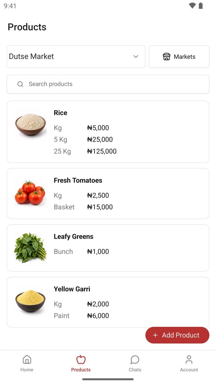 A shopper's product list with prices for each size