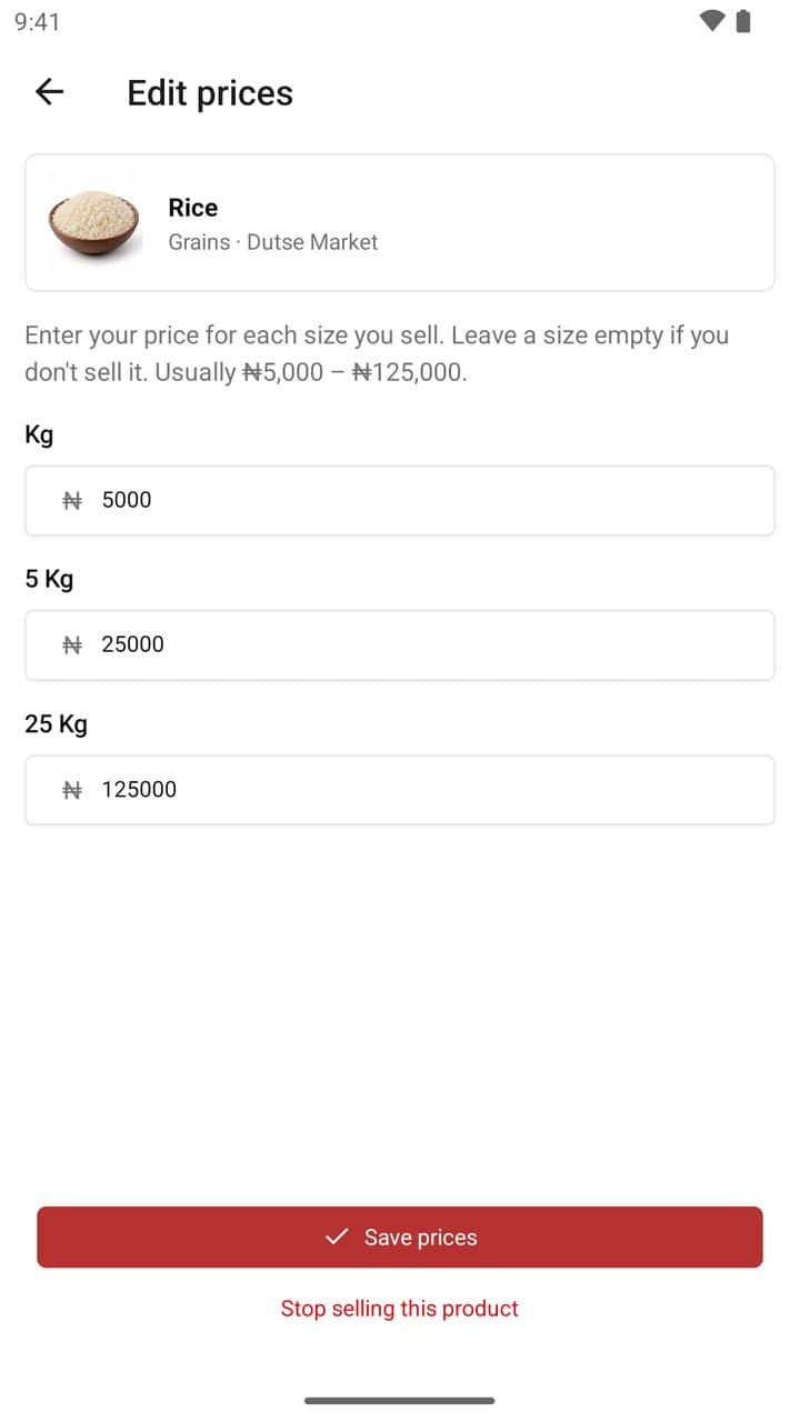 Setting a shopper's own prices for rice by the kilo, 5 kg and 25 kg