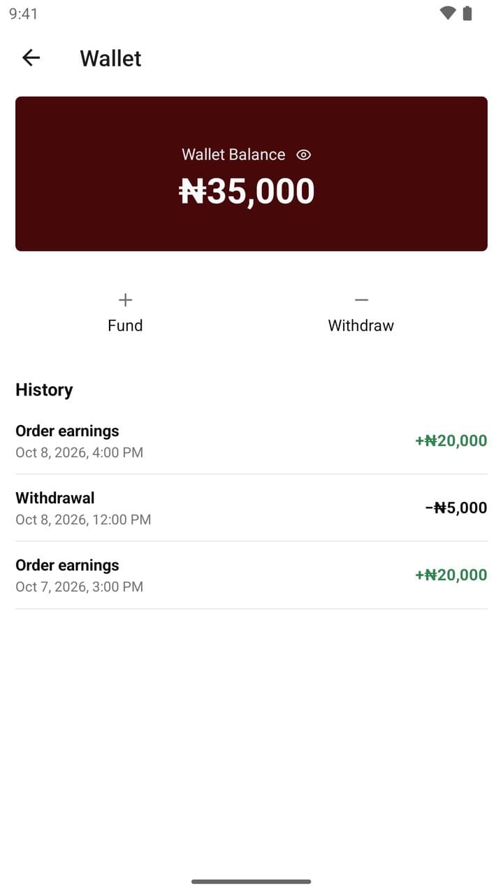 The wallet showing the balance, withdrawals and earnings history